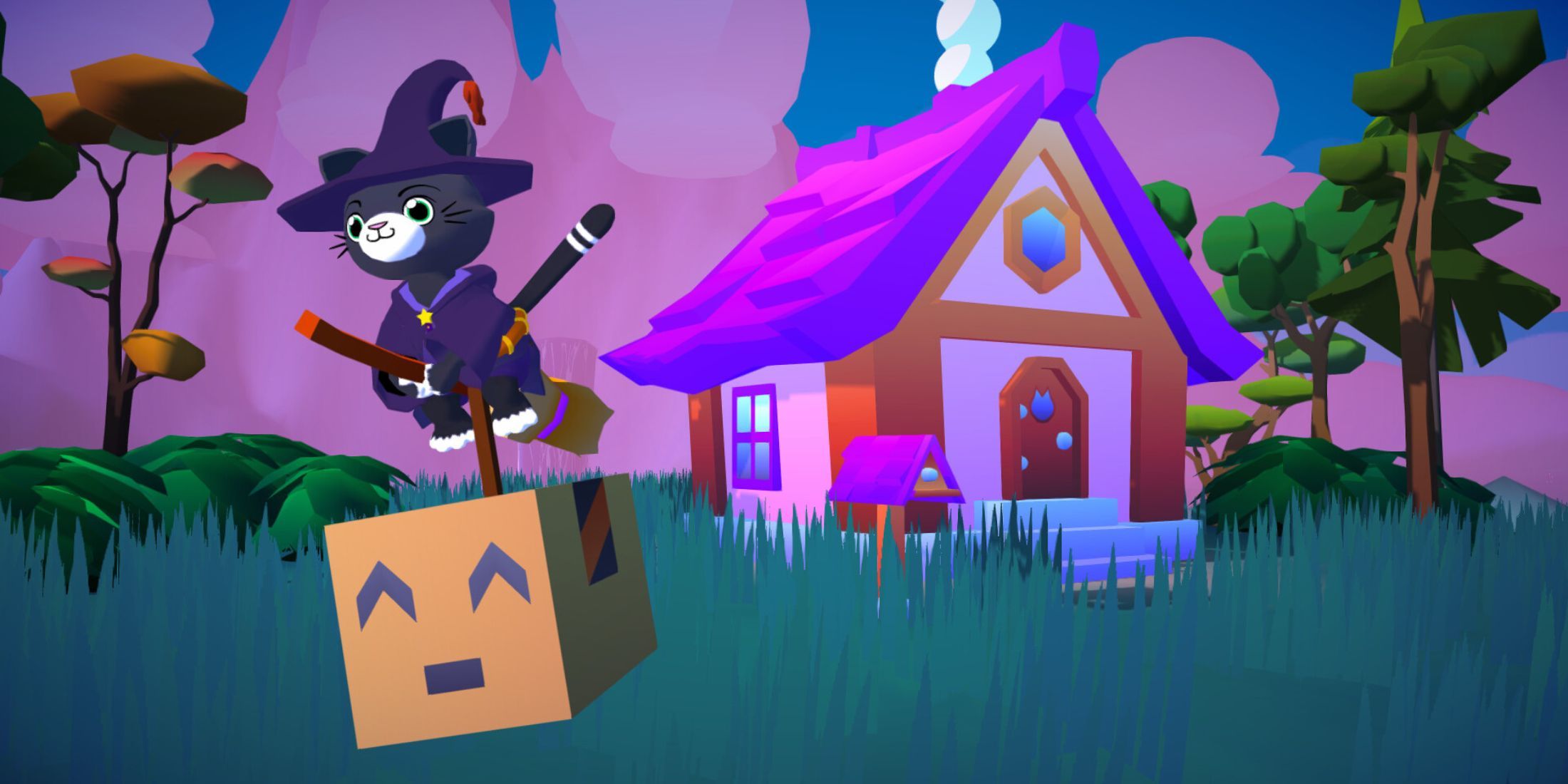 Onigiri flying away from the cottage in Flying Neko Delivery