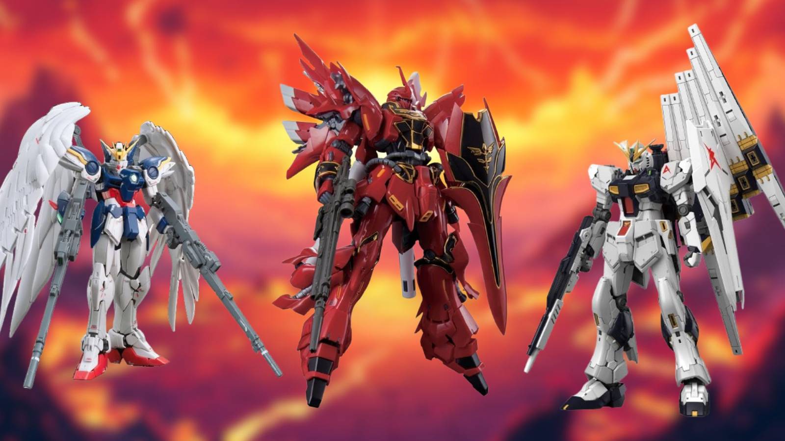 Image of three gundam kits on an anime background. 