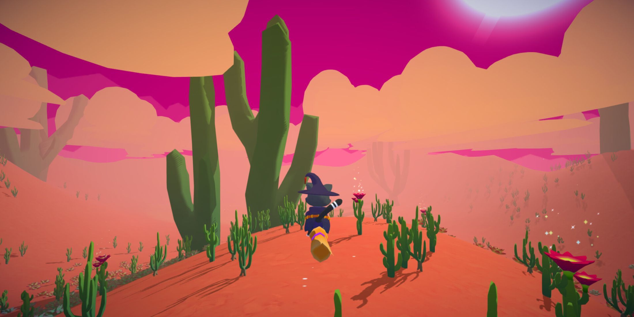 A player flying through the desert in Flying Neko Delivery