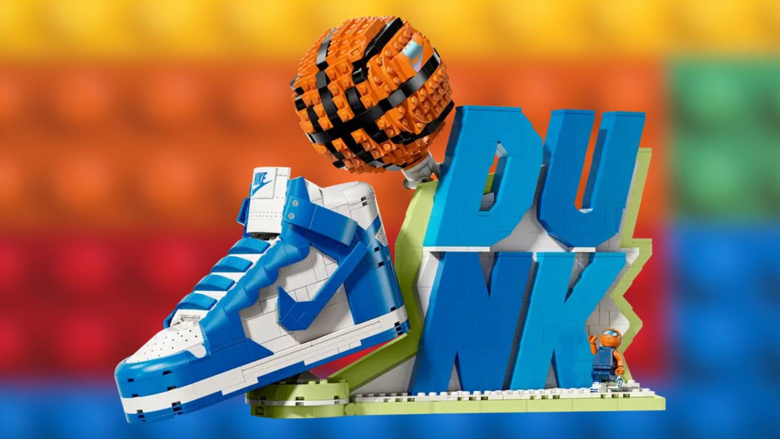 Image of the NIke Dunk on a lego background.