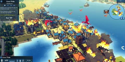 A kingdom being attacked by two dragons in Kingdoms and Castles