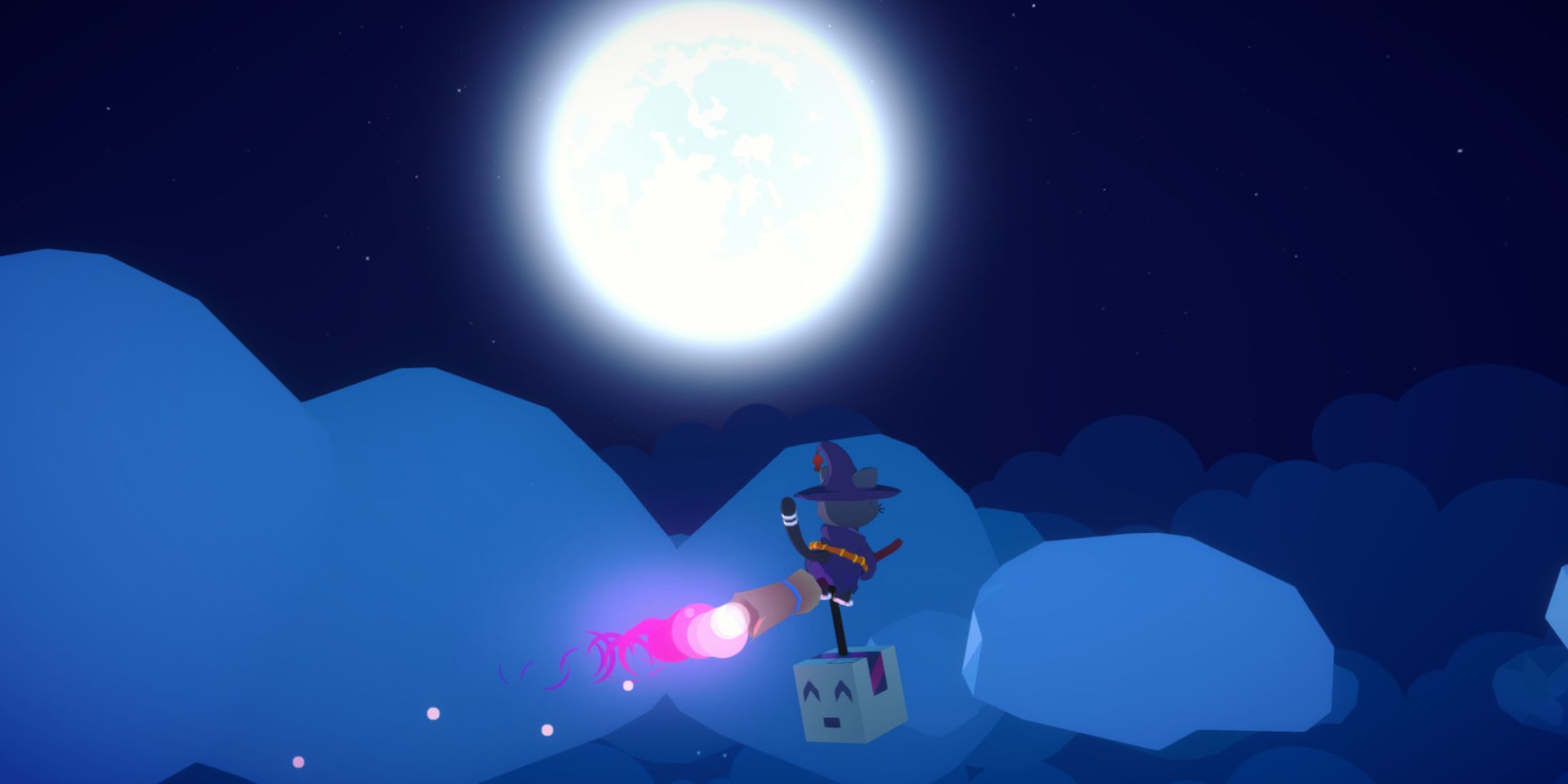 A player flying at night in Flying Neko Delivery