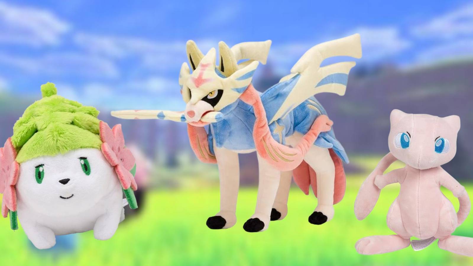 Image of three mythical and legendary plushies on a green background.