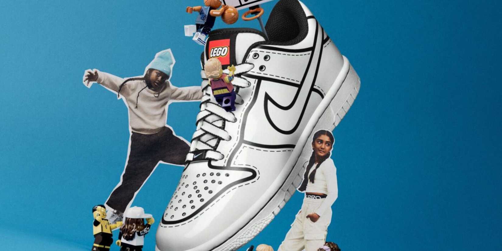 Image of the NIke X LEGO Dunk Low on a blue colored background with some kids playing with it.