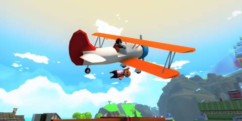 A player flying a plane while another player holds on for dear life underneath in Totally Reliable Delivery Service