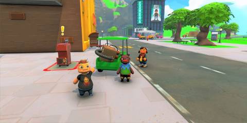 Two players next to a car with a delivery in Totally Reliable Delivery Service
