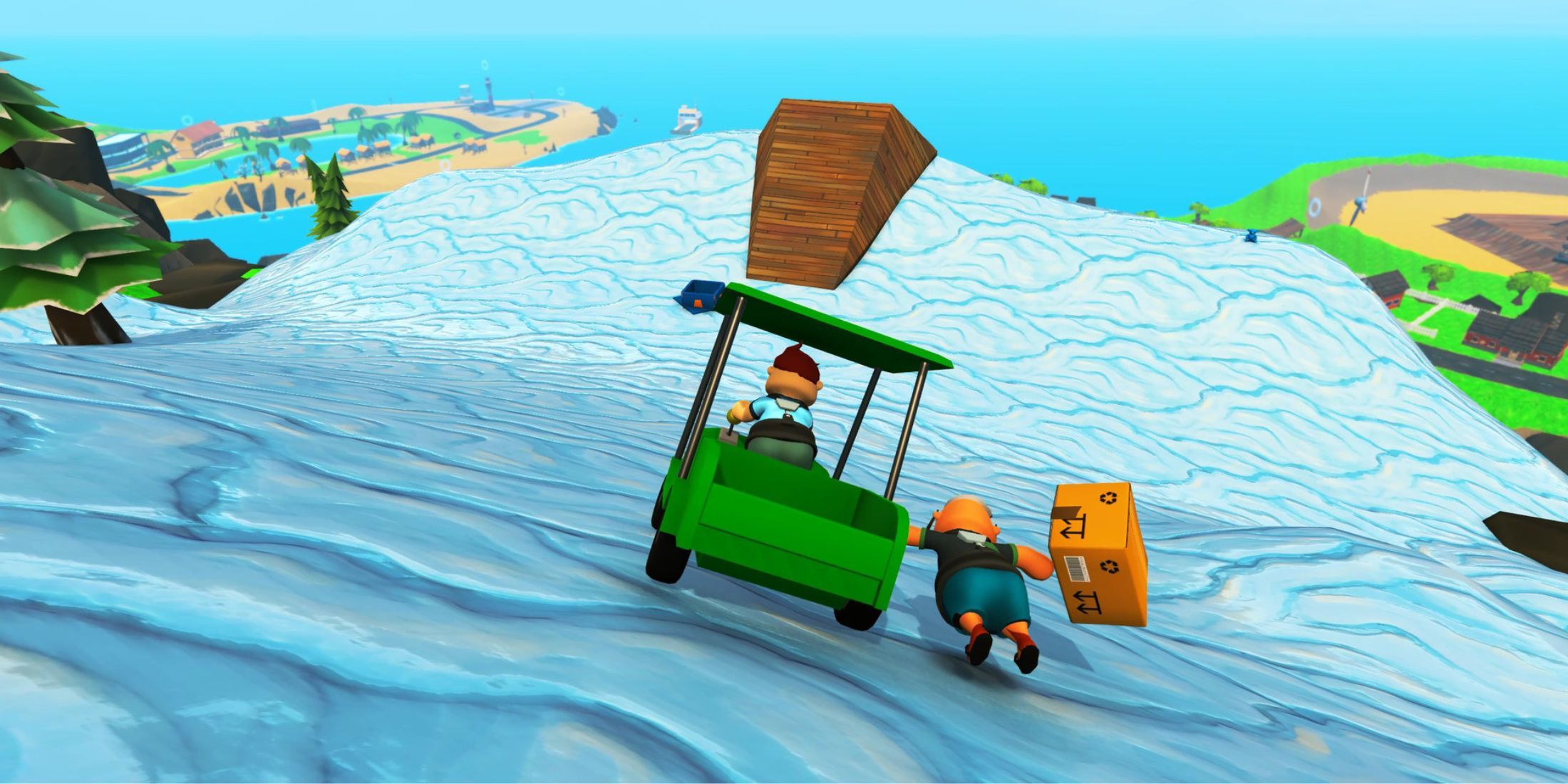 A player driving while another player hangs on holding a parcel in Totally Reliable Delivery Service