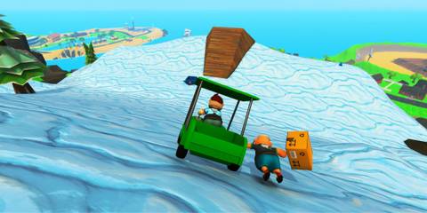 A player driving while another player hangs on holding a parcel in Totally Reliable Delivery Service