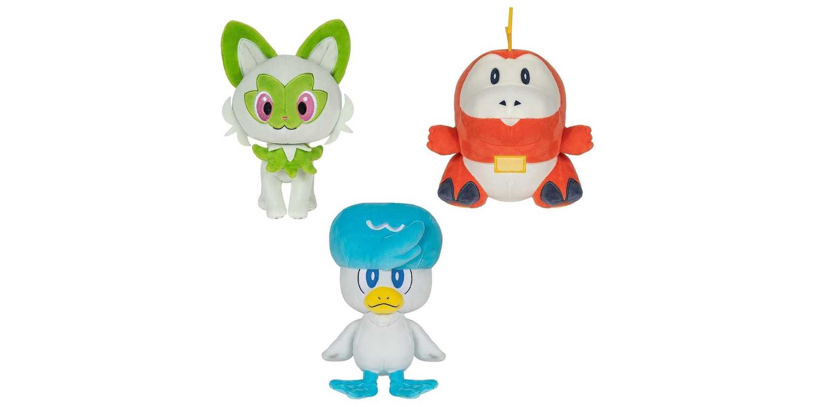 Image of a Fuecoco, Quaxly, And Sprigatito on a white background.