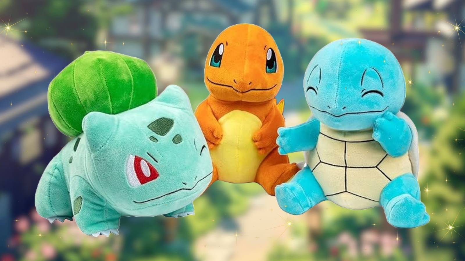 Image of the bulbosaur, charmander, squirtle on a background of a house.