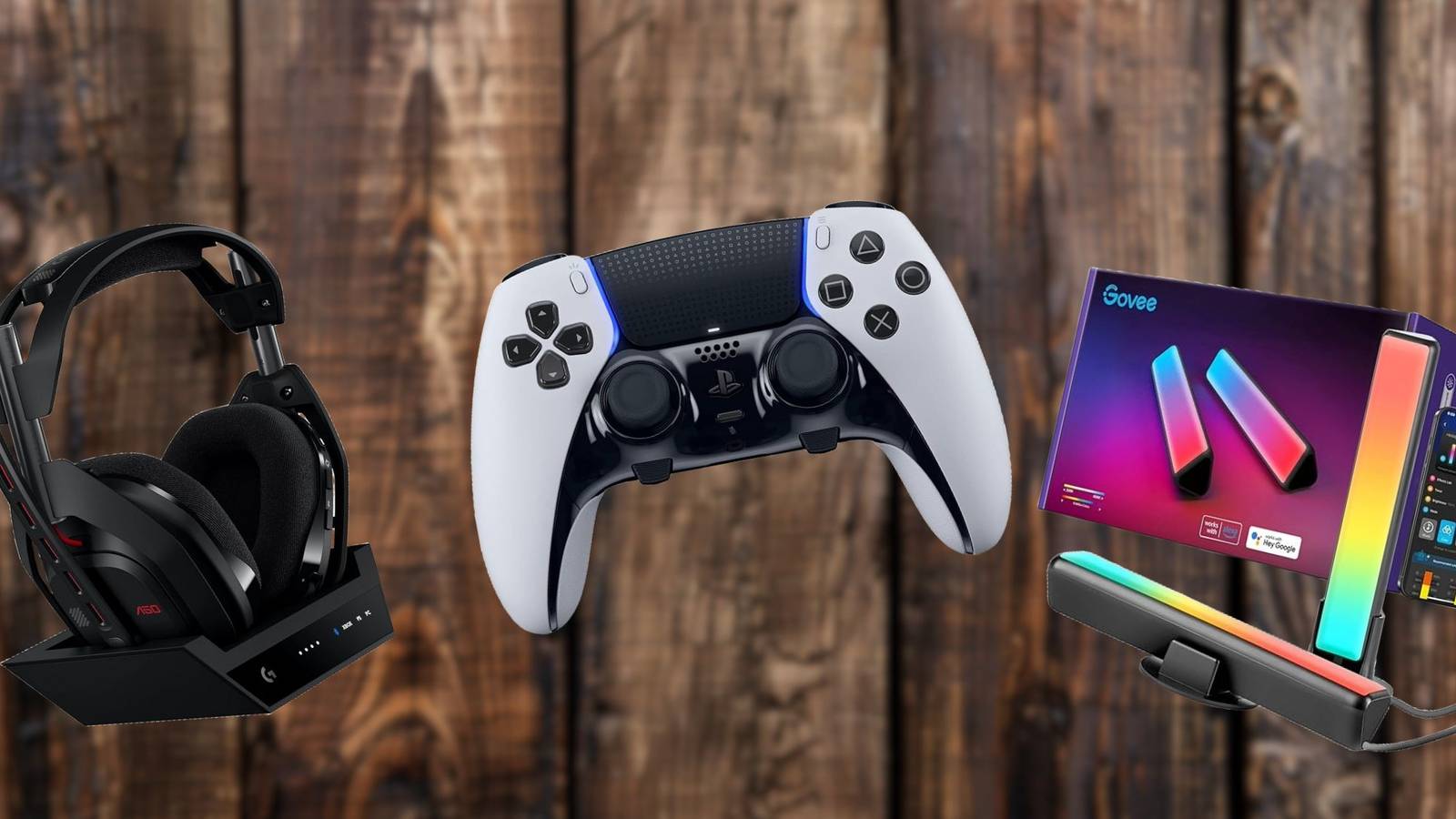 Image of a controller, a headset, and smart gaming lights on a wooden background.
