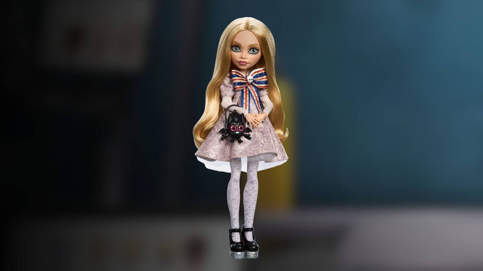 Image of the M3gan doll on a blurred blue background. 