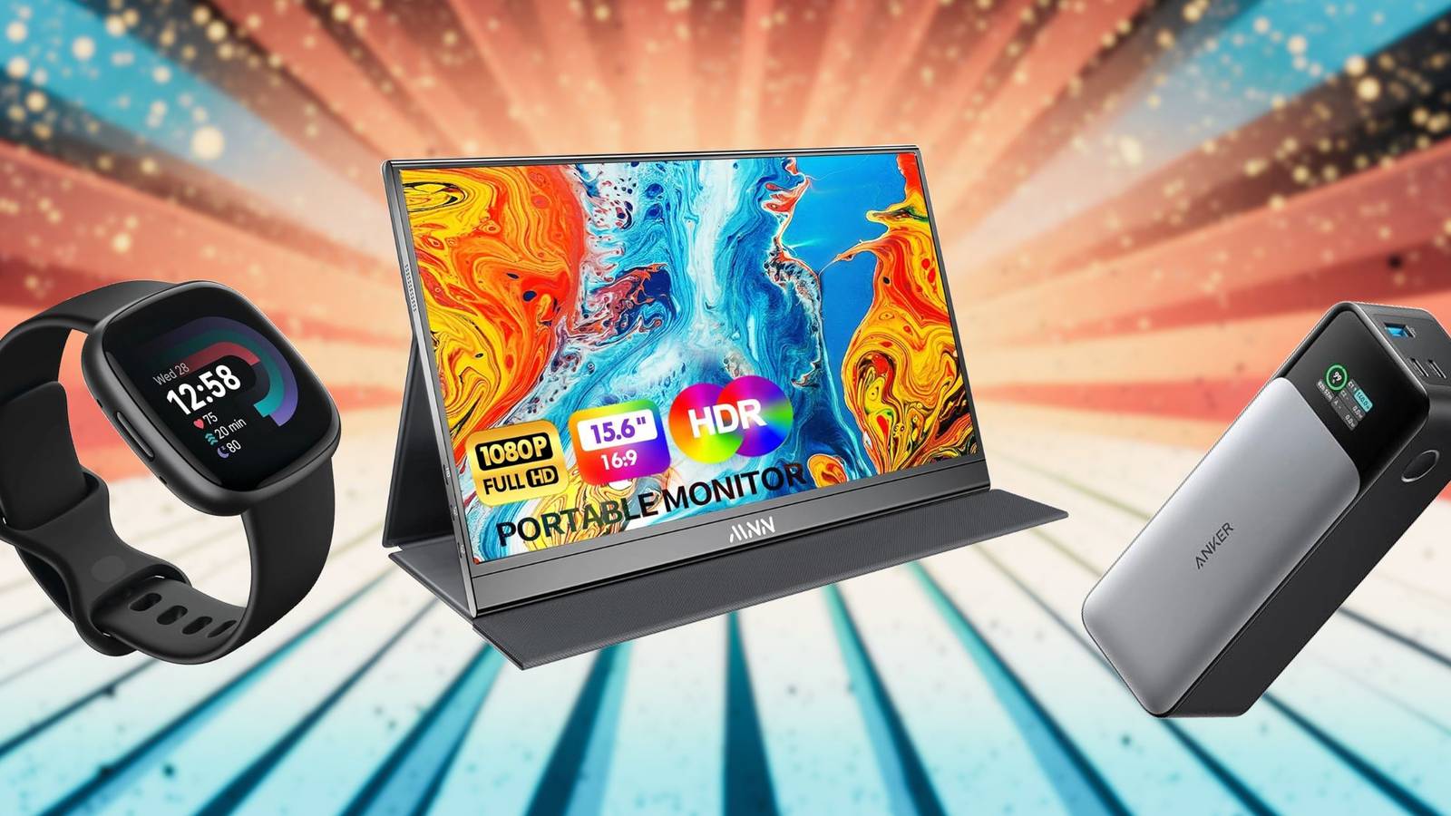 Image of a smartwatch, portable monitor, and a powerbank on a cartoon background.