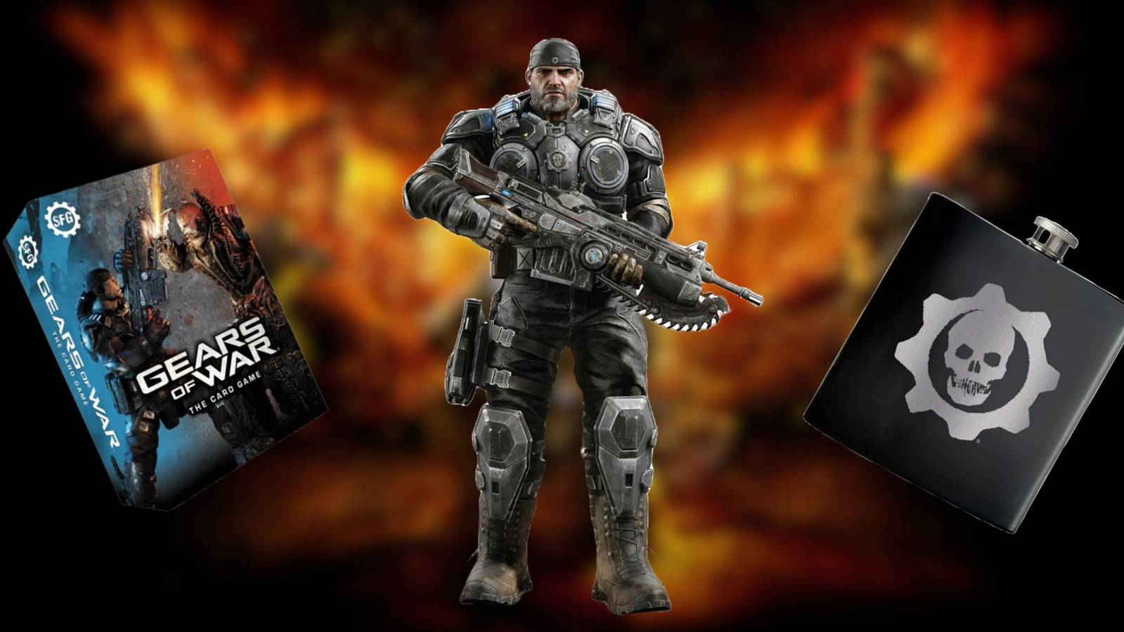 Image of a gears of war background with a GOW statue, TCG game, and a GOW flask.