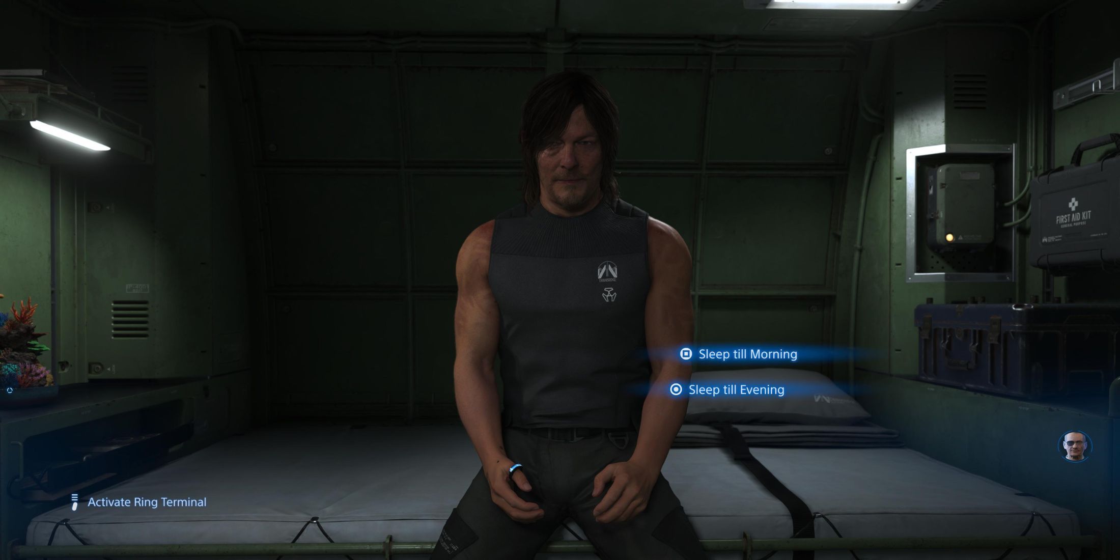 Sam sitting in a private room in Death Stranding 2: On The Beach