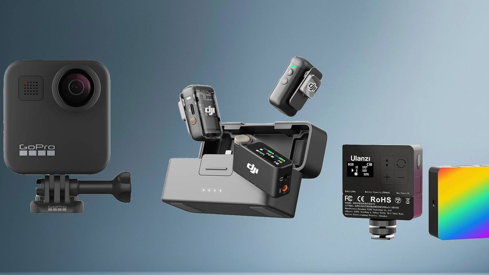 Image of a gopro, recording mic, and portable light.