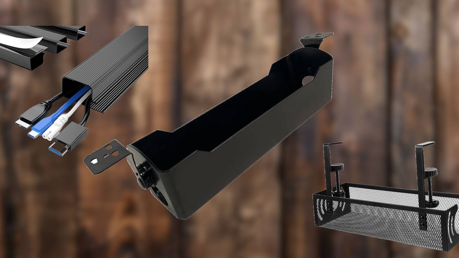 Image of three desk organizers on a wooden background.