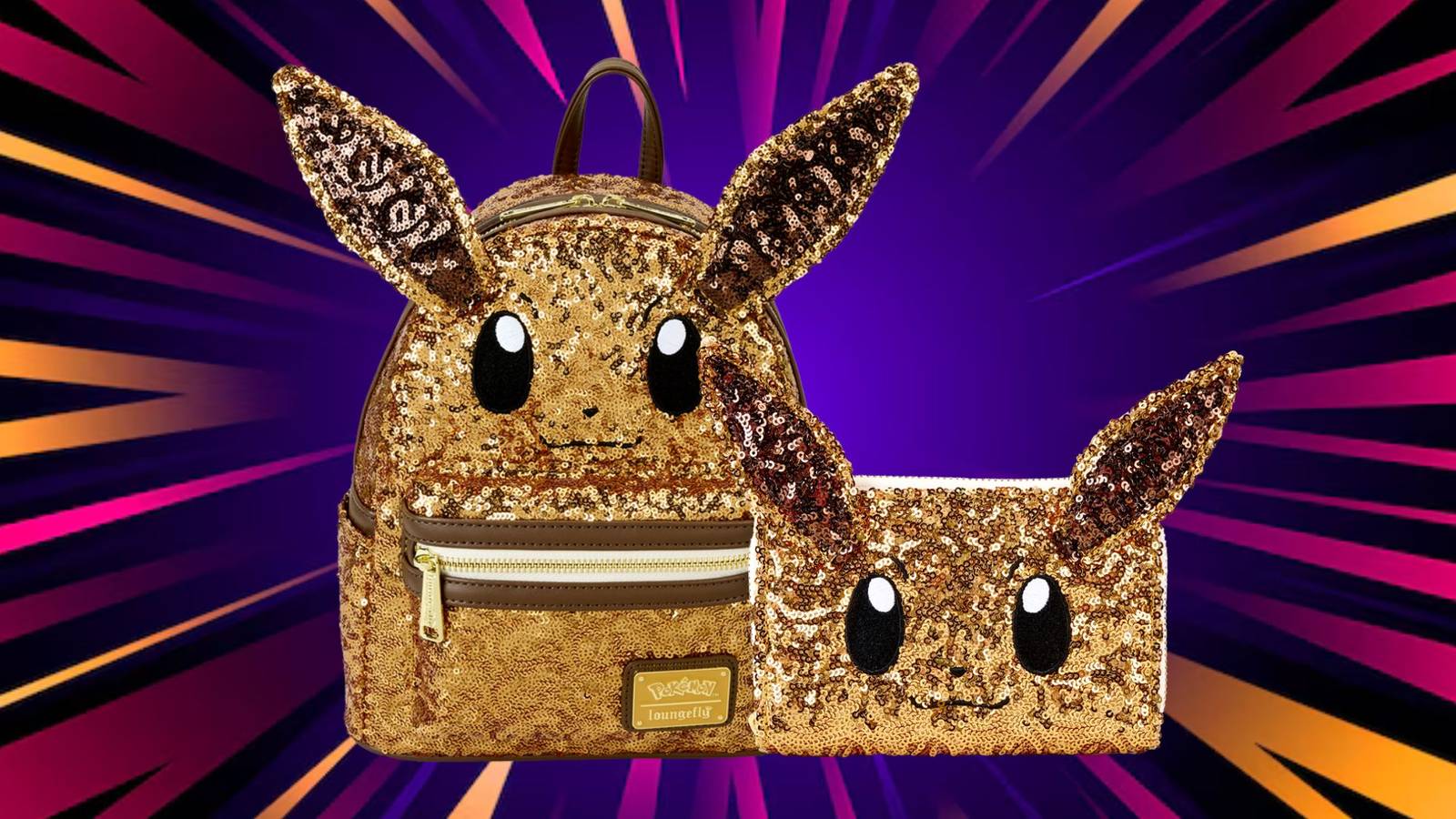 Image of the loungefly eevee backpack and wallet on a blue, pink, and gold vector background.
