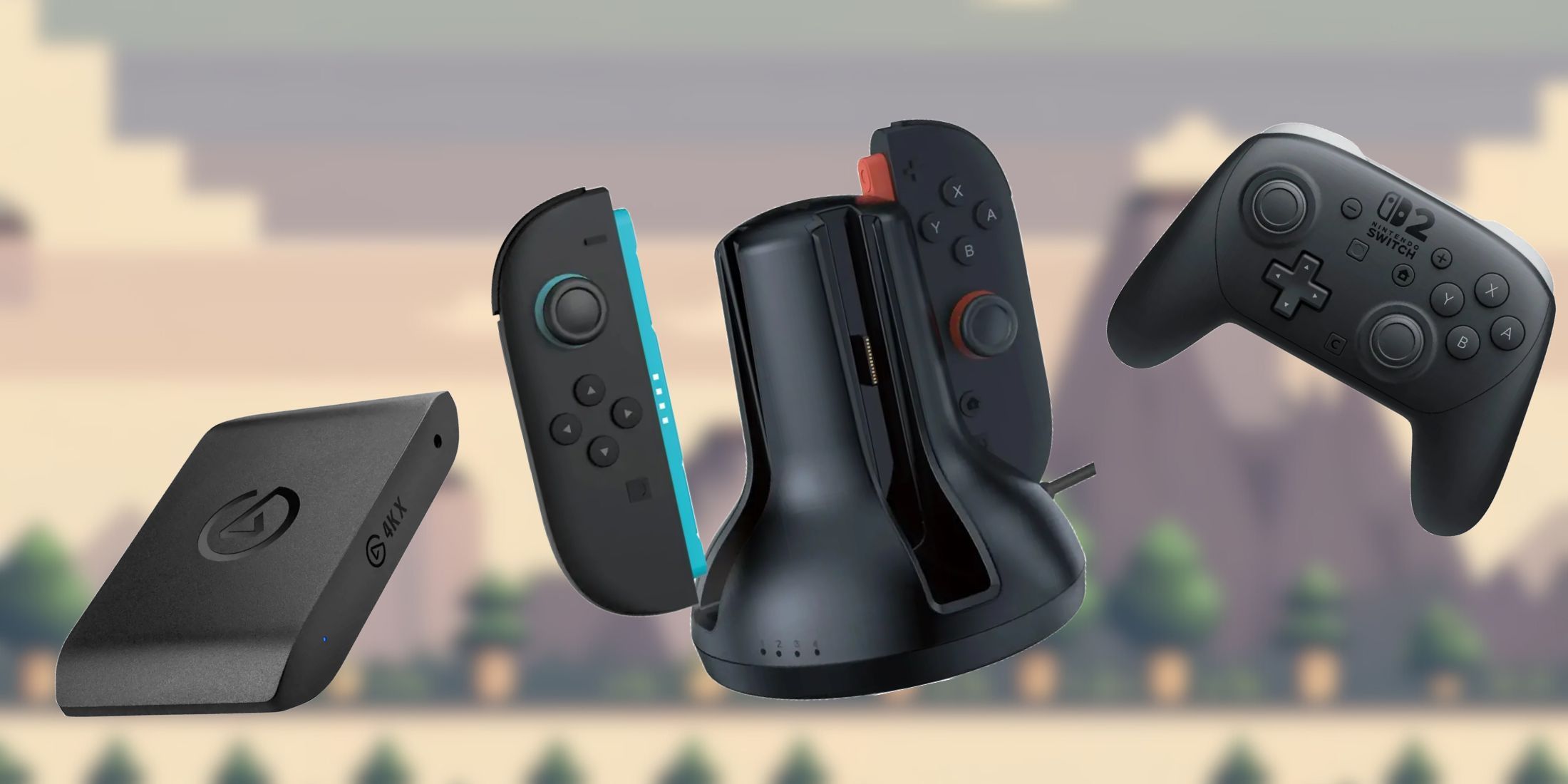 Image of three switch 2 accessories on an 8-bit gaming background.