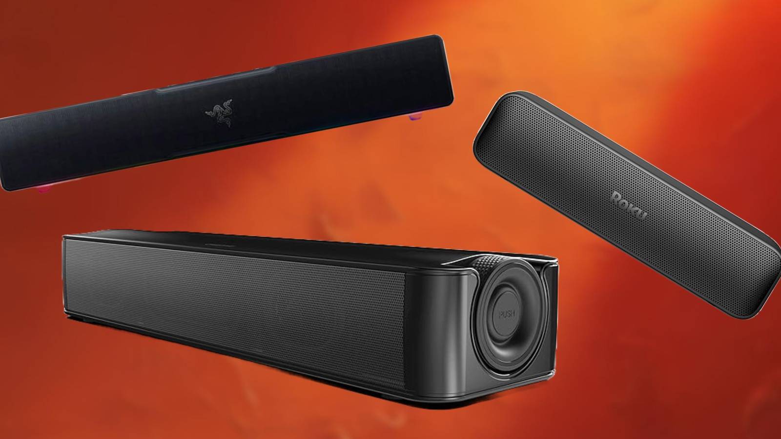 Image of 3 soundbars on a neon orange background.