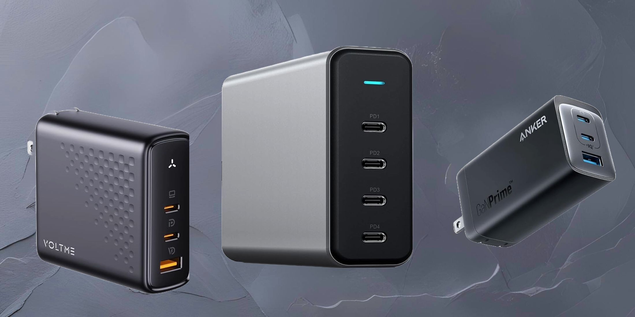 Image of 3 gan brick chargers on a matte grey stone background.