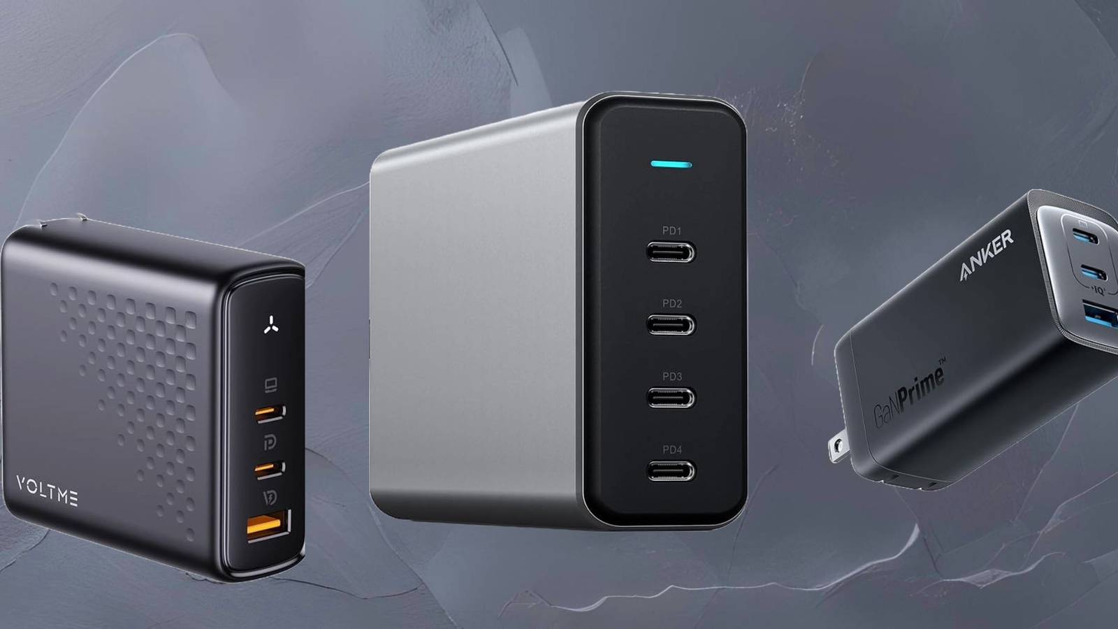 Image of 3 gan brick chargers on a matte grey stone background.