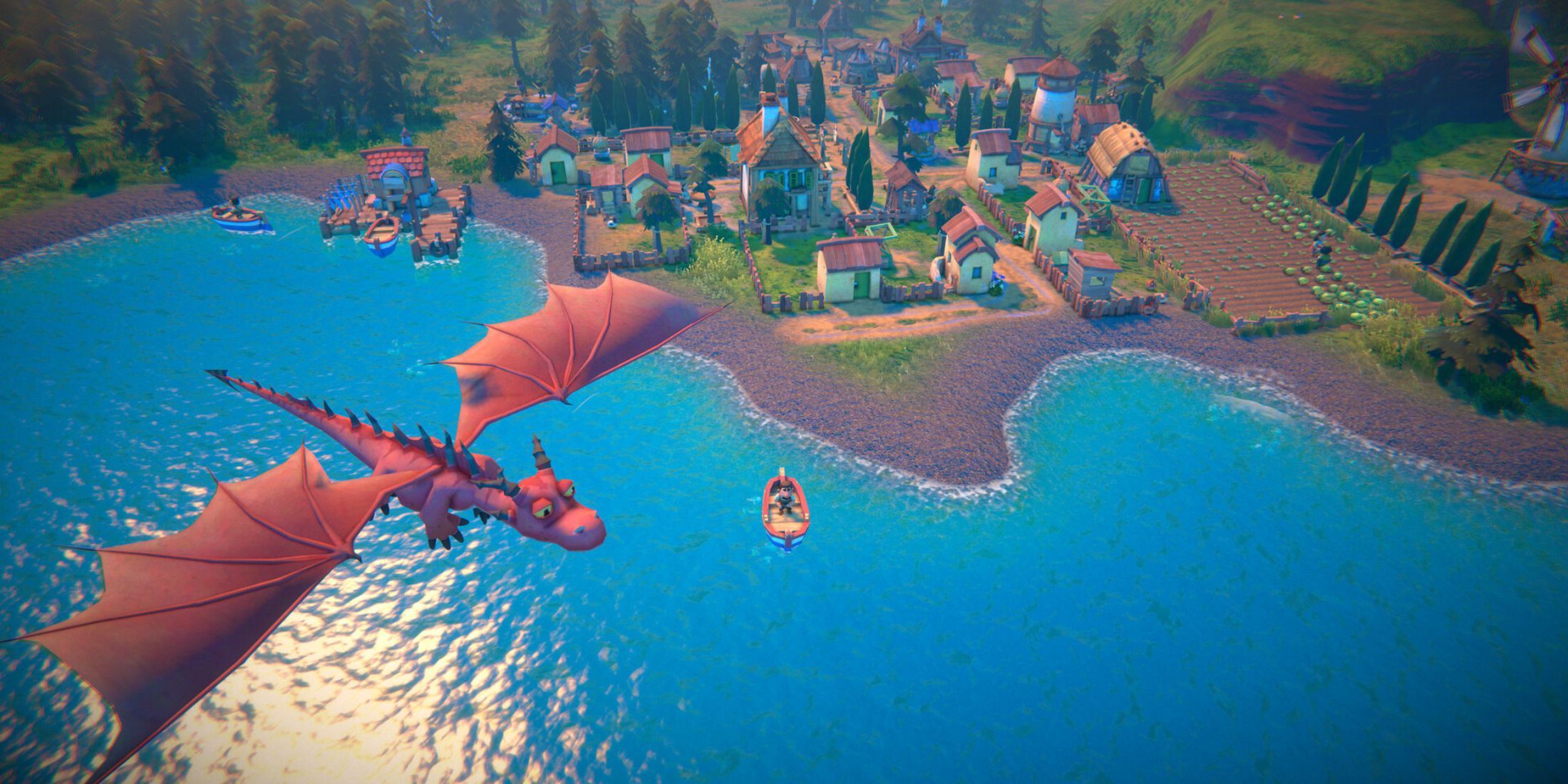 A dragon flying by a town in Fabledom