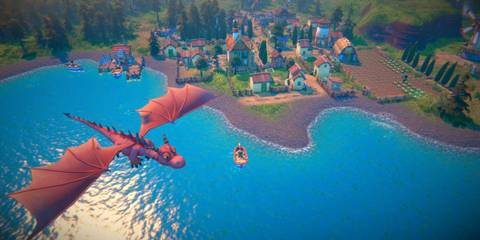 A dragon flying by a town in Fabledom