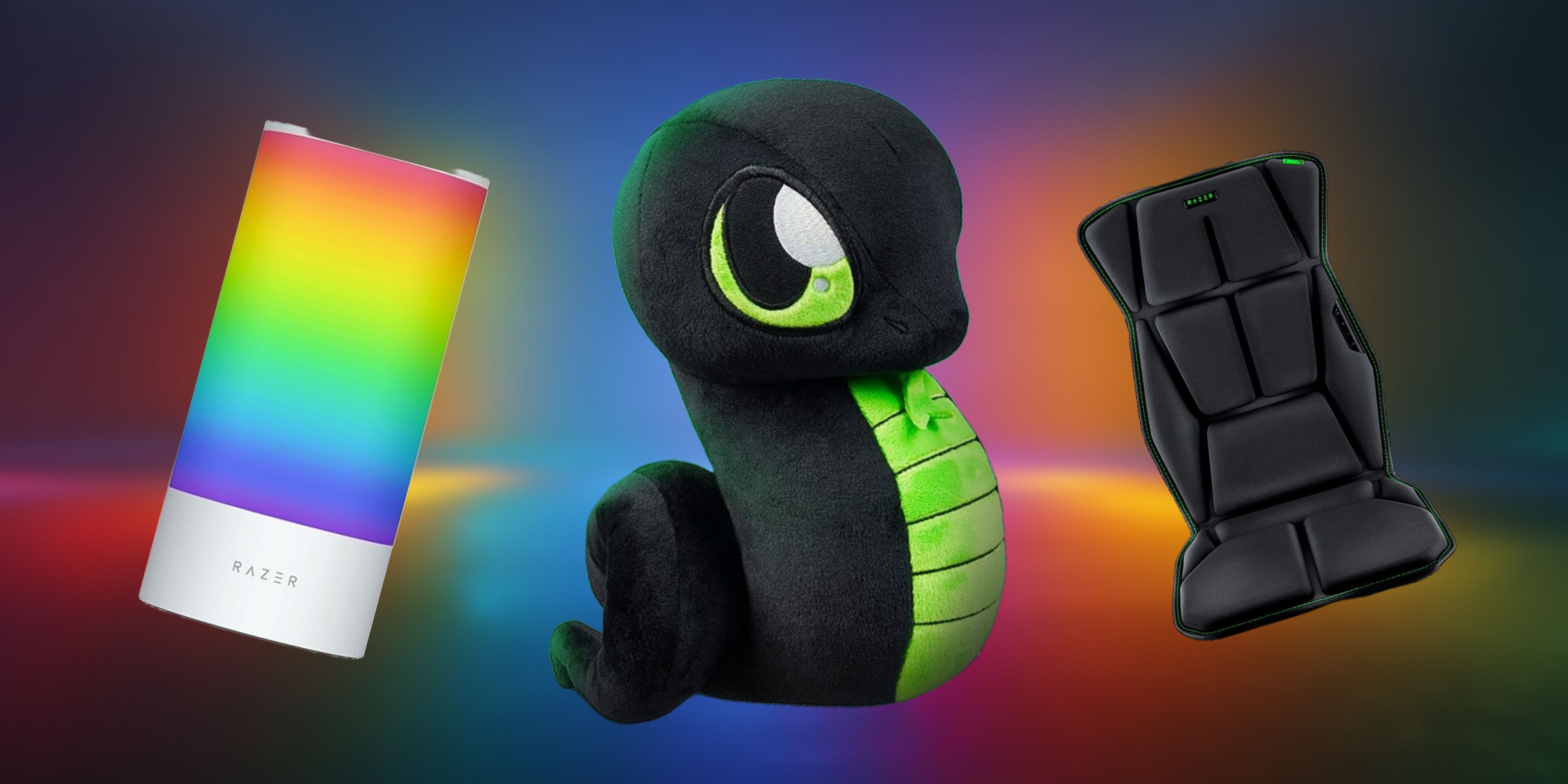 Image of Razer lamp, plushie, and vibrating cushion.