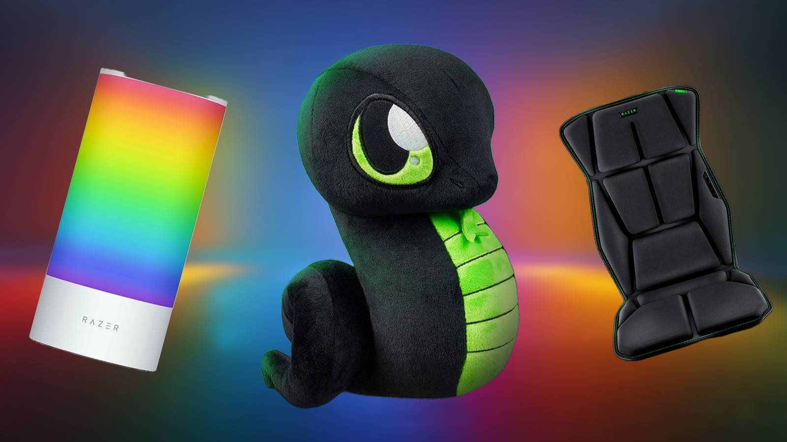 Image of Razer lamp, plushie, and vibrating cushion.