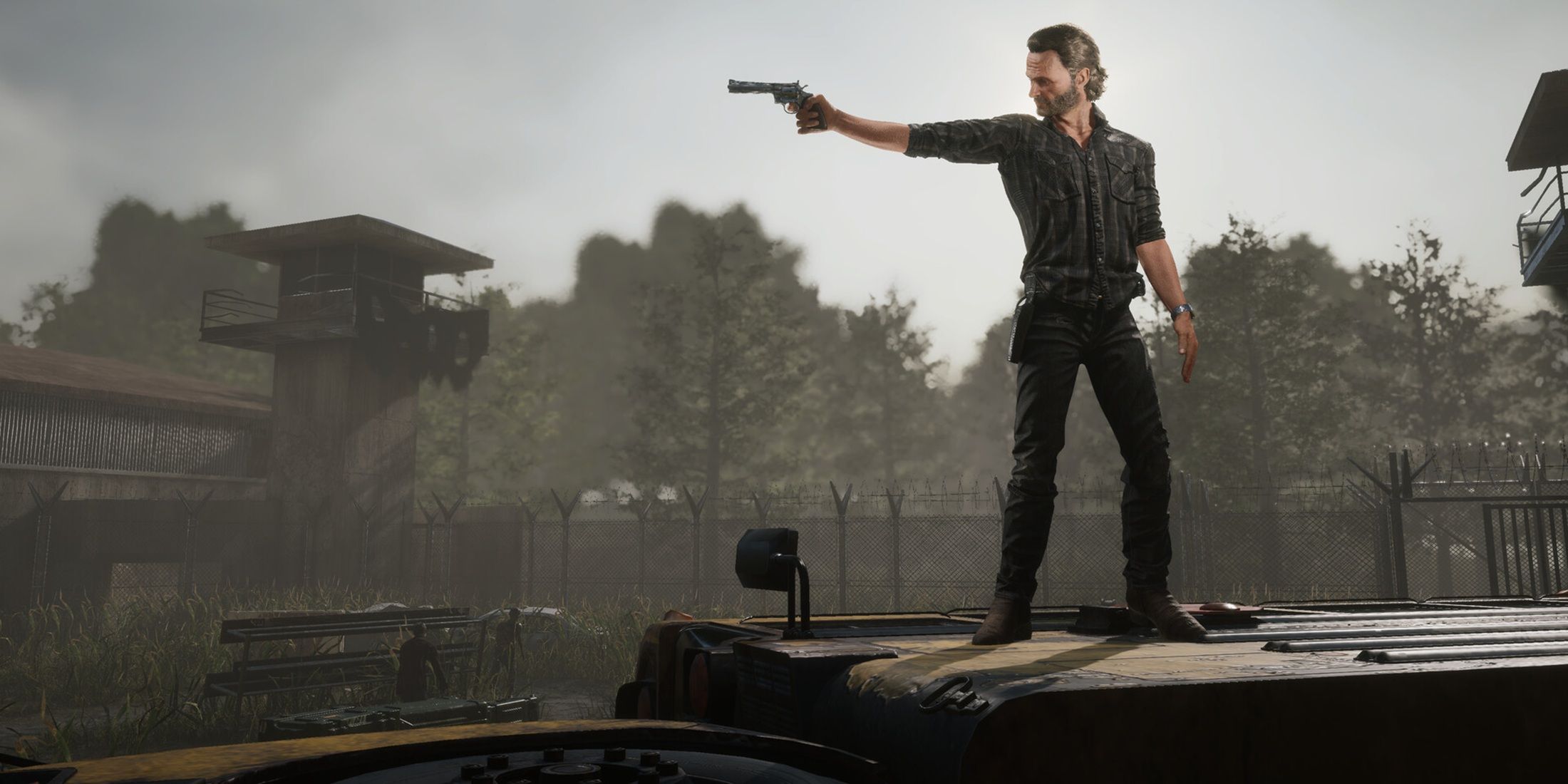 Rick Grimes stands on a vehicle aiming a revolver in a prison yard in The Walking Dead: Destinies