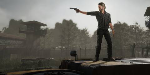 Rick Grimes stands on a vehicle aiming a revolver in a prison yard in The Walking Dead: Destinies