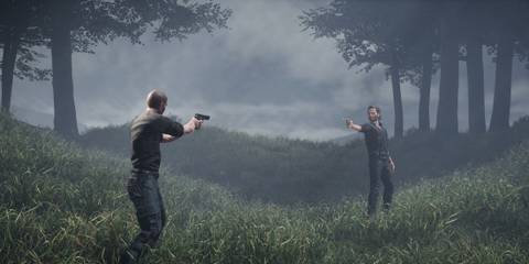 Rick and Shane face off in the woods, guns aimed at each other.