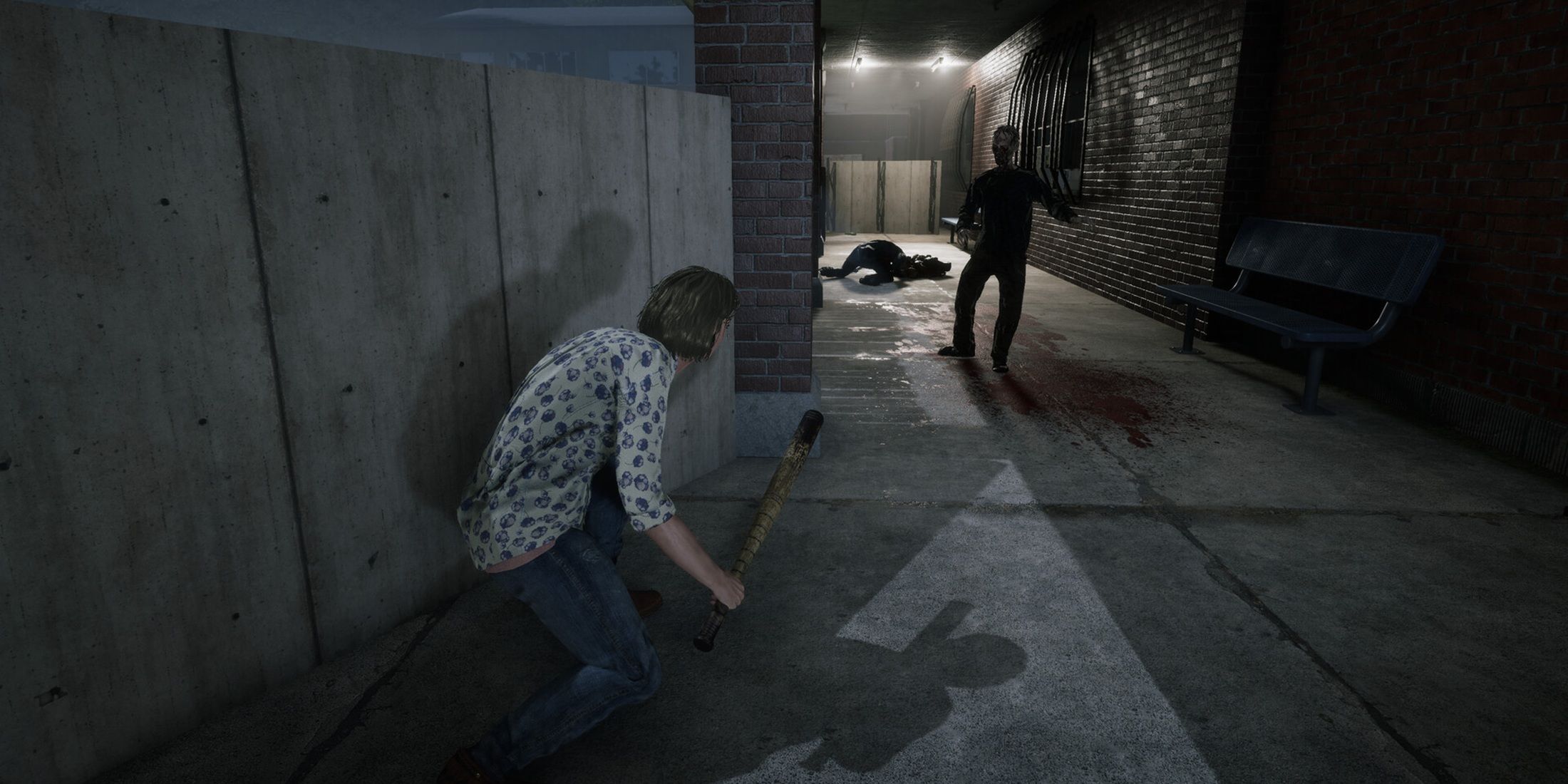A survivor crouches with a bat, preparing to attack an approaching walker in an alley.