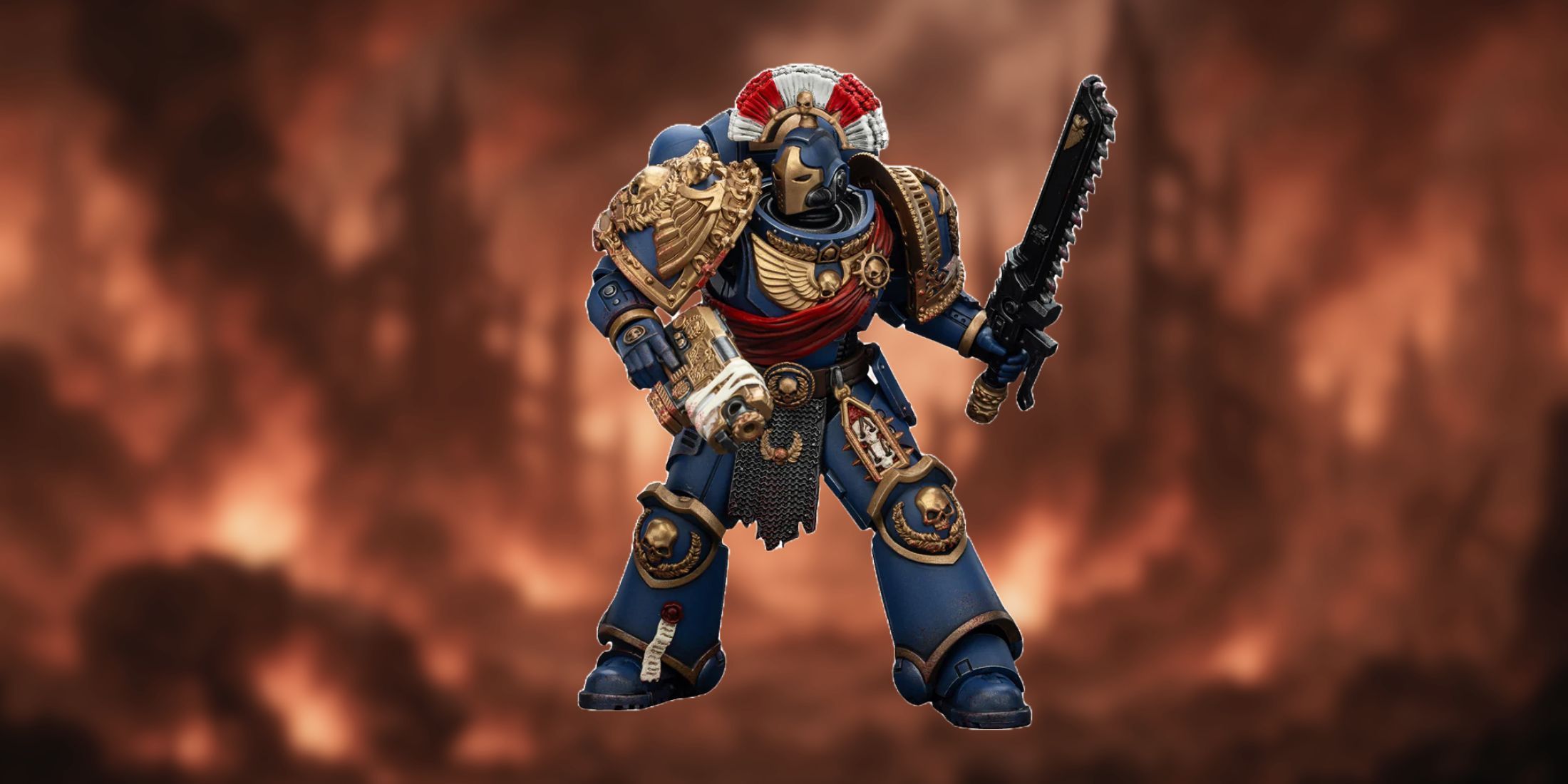 Bild einer Warhammer-Figur auf einem roten Höllenhintergrund.
