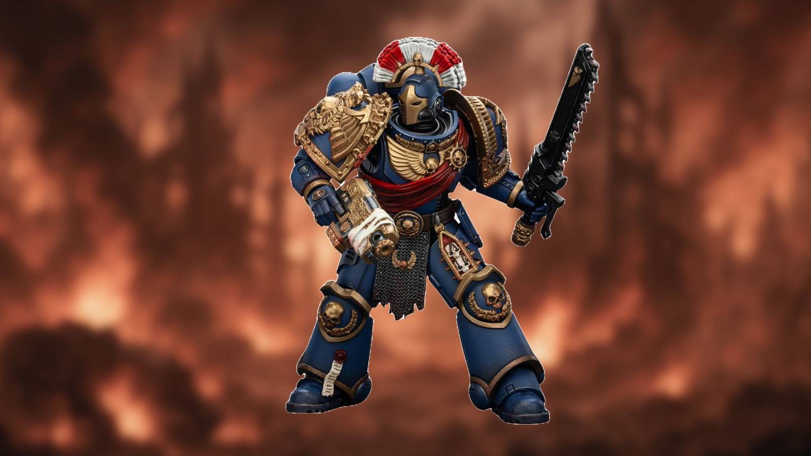 Image of a Warhammer figurine on a red hell-like background.