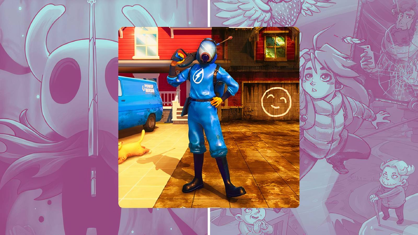 PowerWash Simulator game cover over a pink split image background of Hollow Knight and Celeste