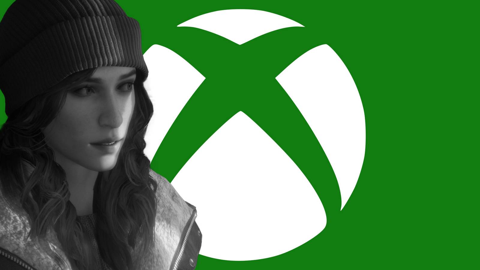 white Xbox logo green background with black and white Alyson Ronan from Tell me Why