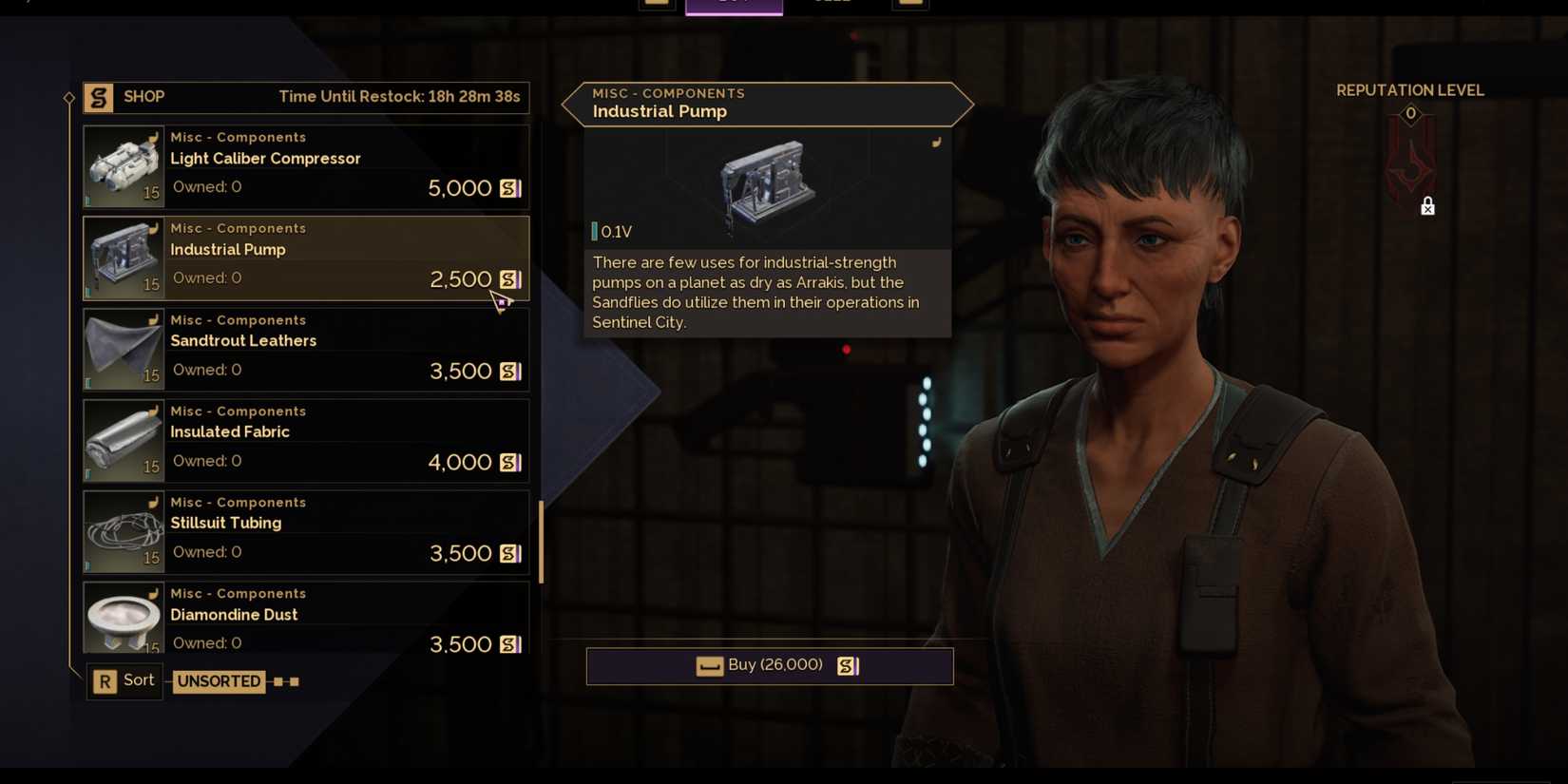 zoe crossroads merchant selling industrial pumps in Dune Awakening