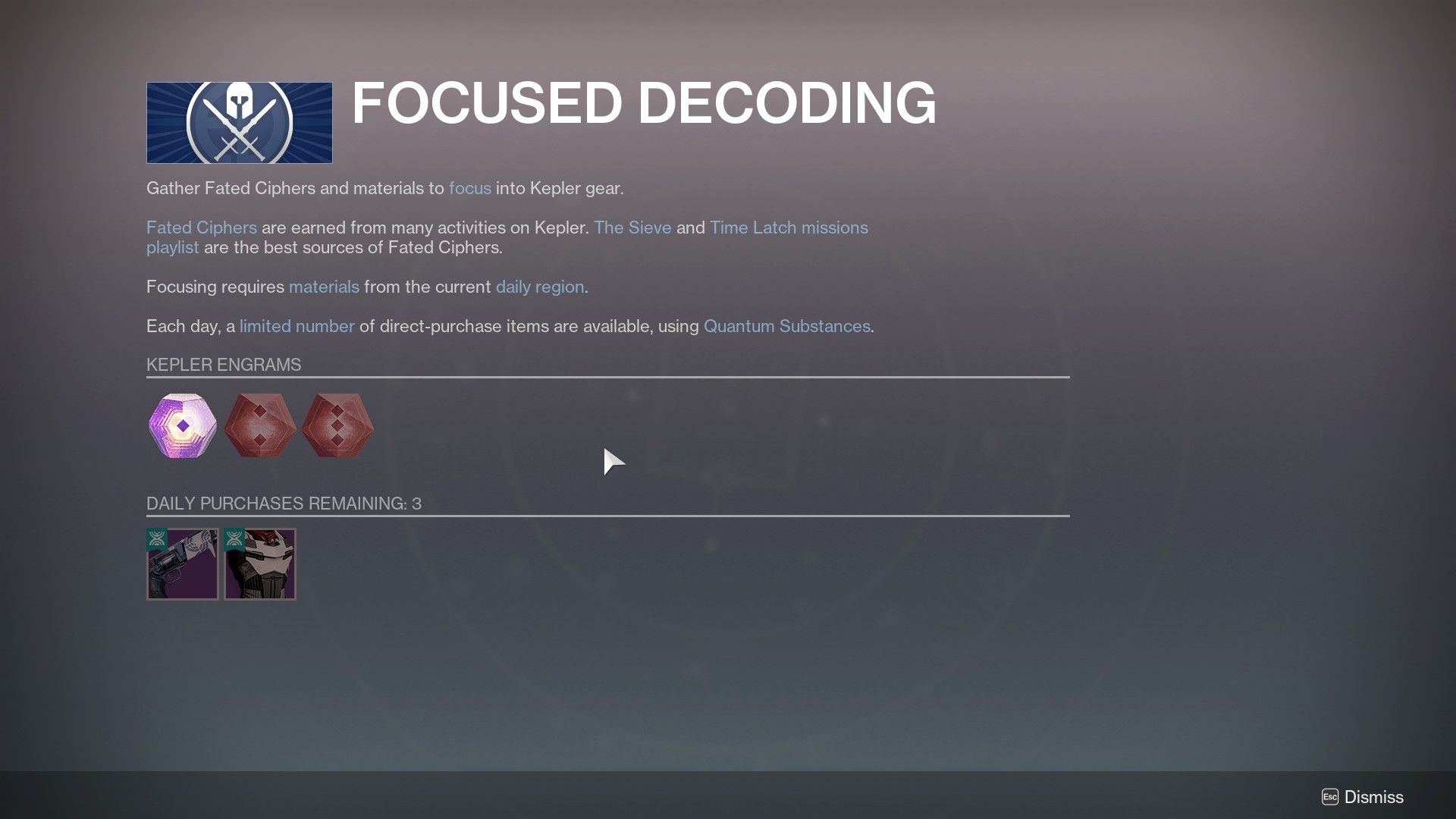 Decoding of focused destiny 2 Kepler
