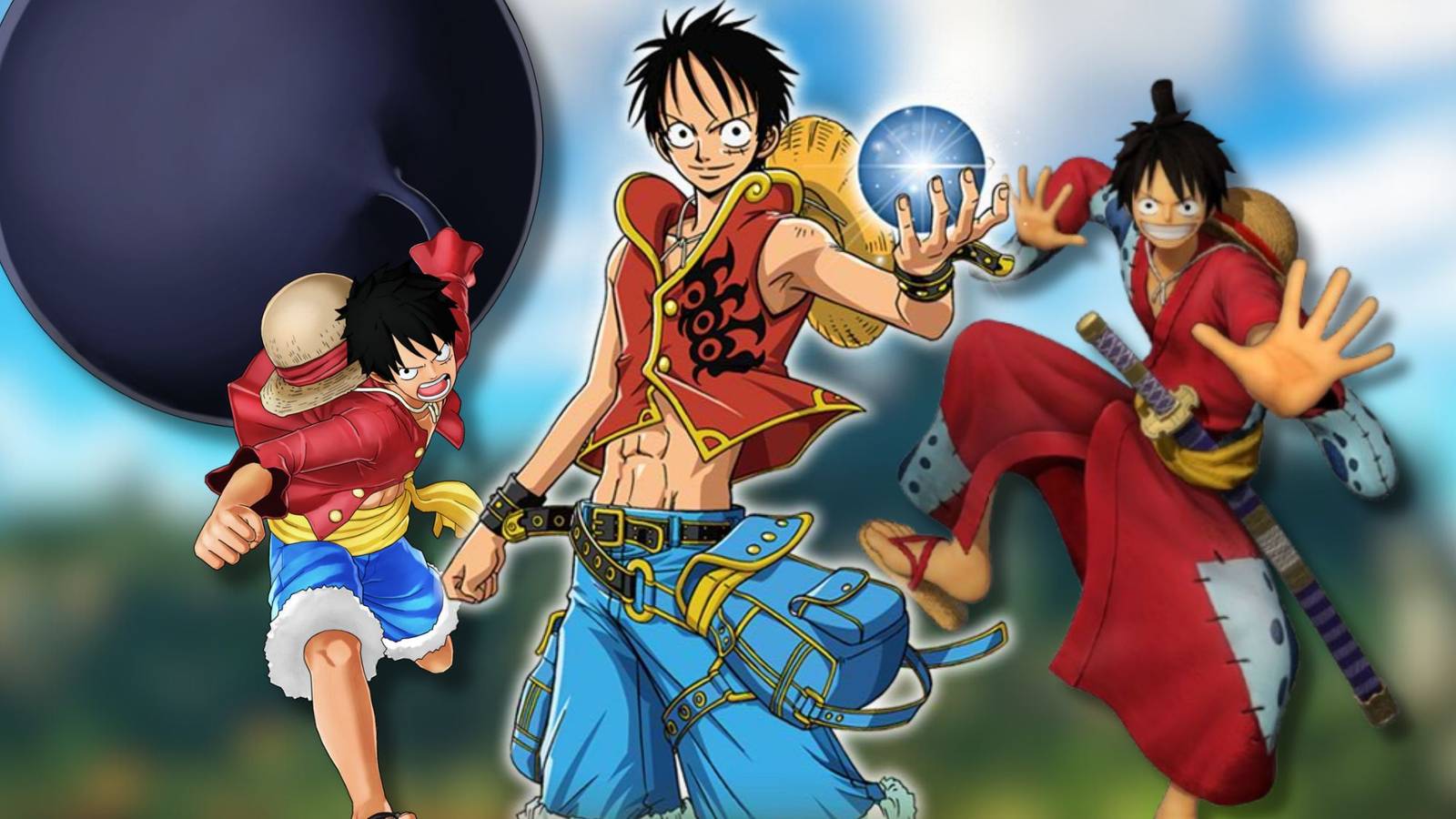 A collage of Luffy renders from various One Piece games: One Piece: World Seeker, One Piece: Unlimited Adventure and One Piece: Pirate Warriors 4.