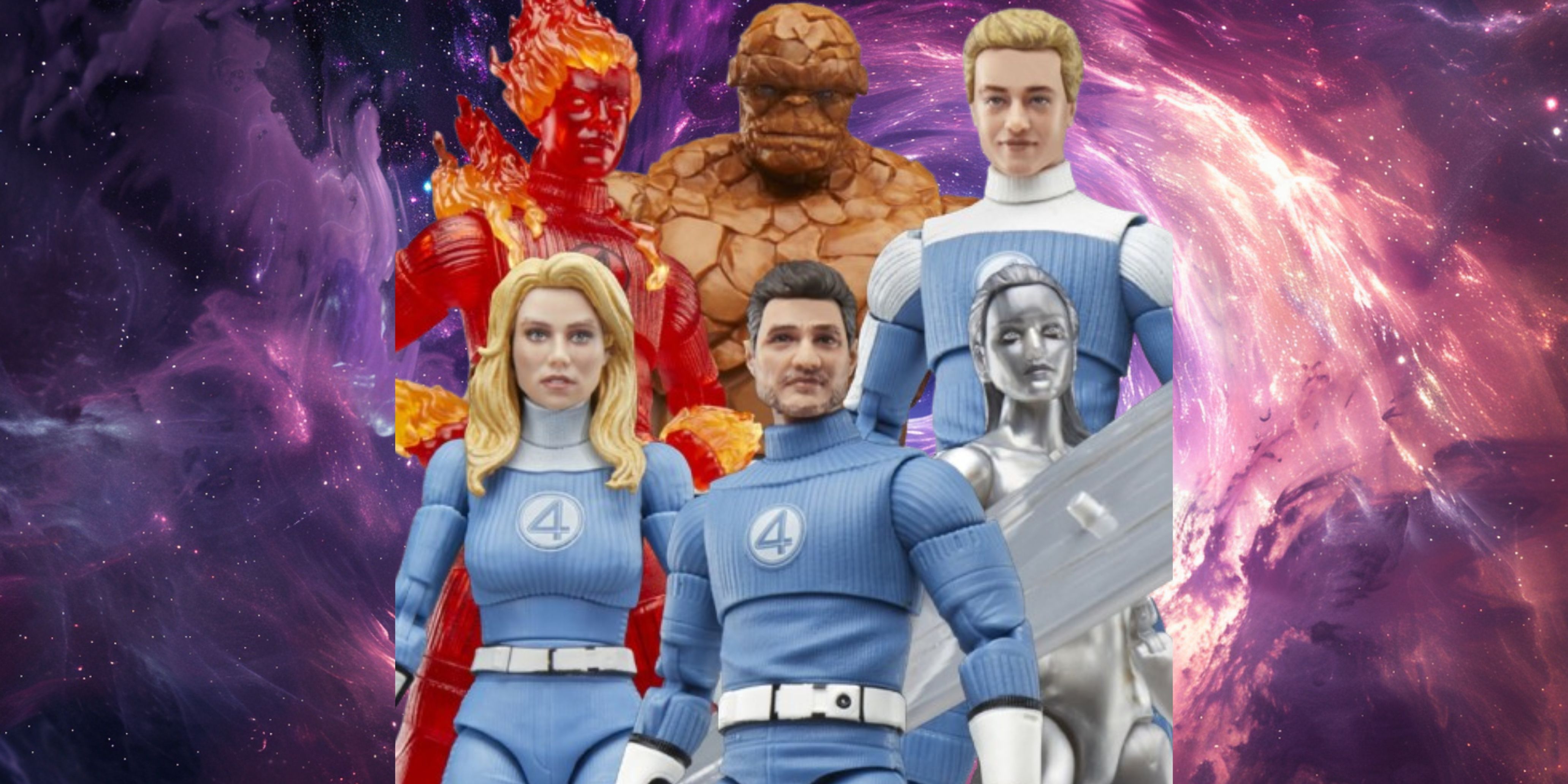 Image of the Fantastic Four action figures on a cosmic wave background.