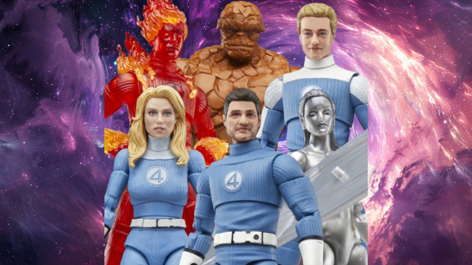 Image of the Fantastic Four action figures on a cosmic wave background.