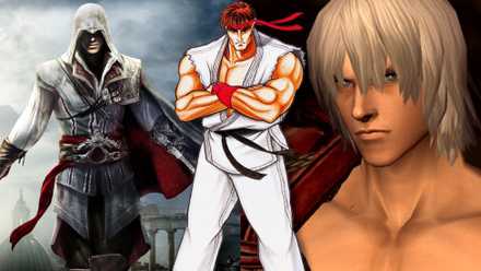 A collage of three characters from great games that are sequels to mediocre games: Ezio from Assassin's Creed 2, Ryu from Street Fighter 2 and Dante from Devil May Cry 3.