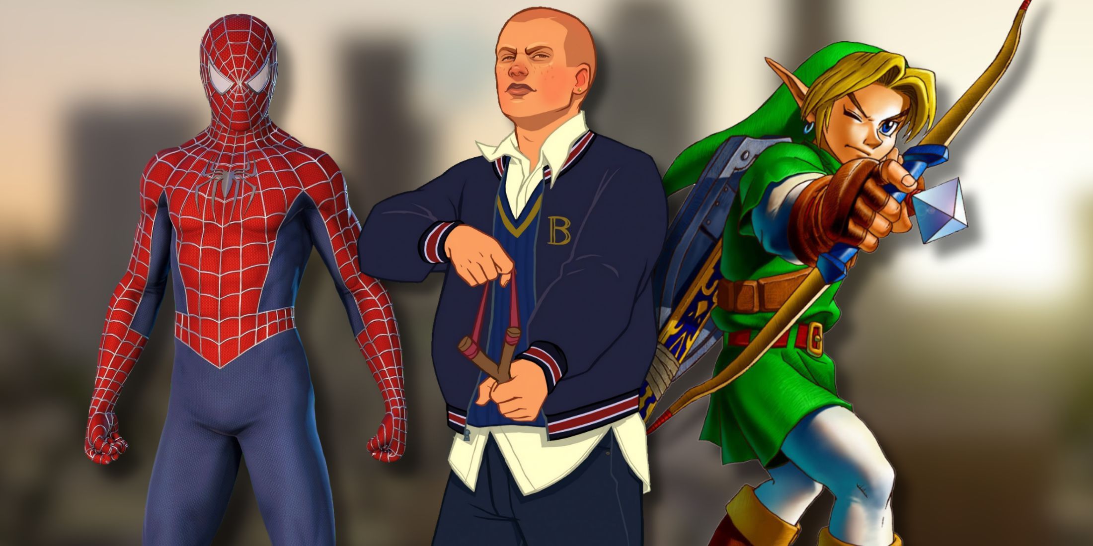 A collage of characters from three great open-world games that are worth playing: Spider-Man, Bully and Zelda: Ocarina of Time.