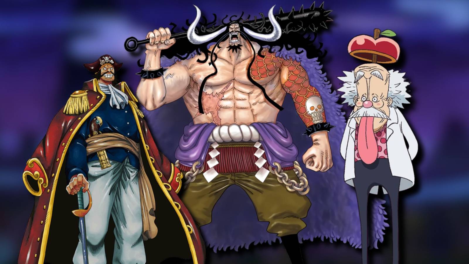A collage of three One Piece characters who lived up to their reputations: Gol D. Roger, Kaido and Doctor Vegapunk.