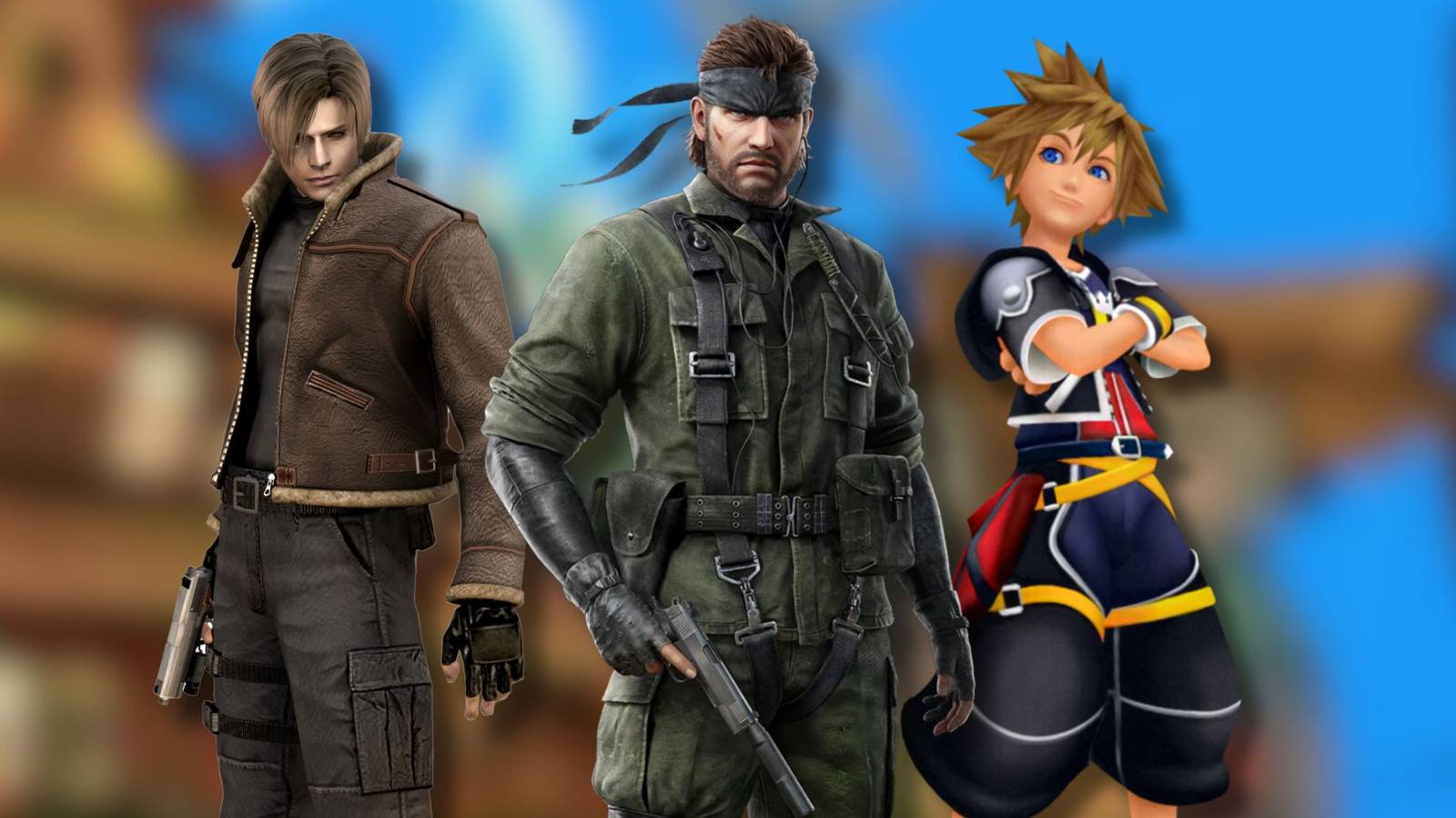 A collage of characters from 3 PS2 games that have aged like fine wine: Leon from Resident Evil 4, Snake from Metal Gear Solid 3 and Sora from Kingdom Hearts 2.