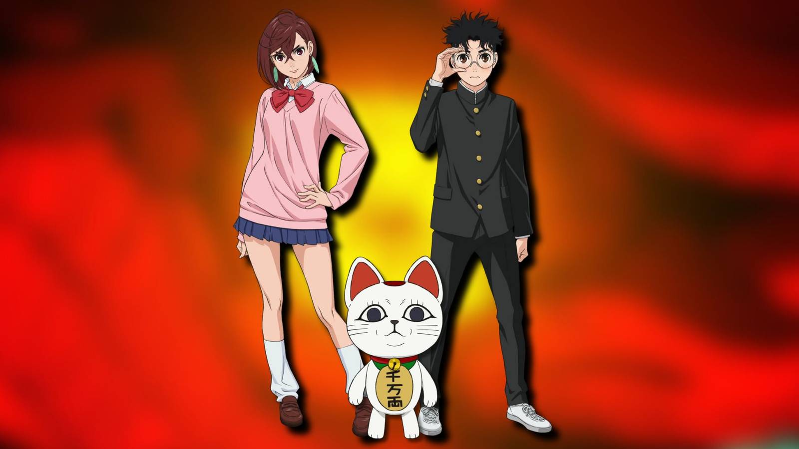 A collage of the three main characters in Dandadan: Momo, Okarun and Turbo Granny.