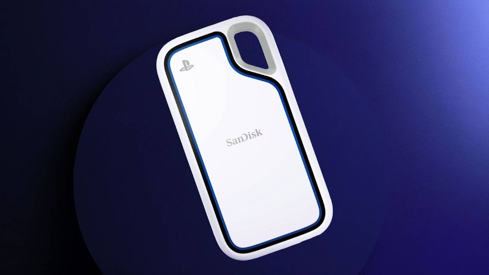 Image of the new SanDisk PS5 SSD on a blue background