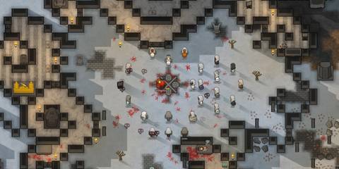 A bloody public execution is performed in a snowy arena as followers observe in RimWorld Ideology, a best DLC moment